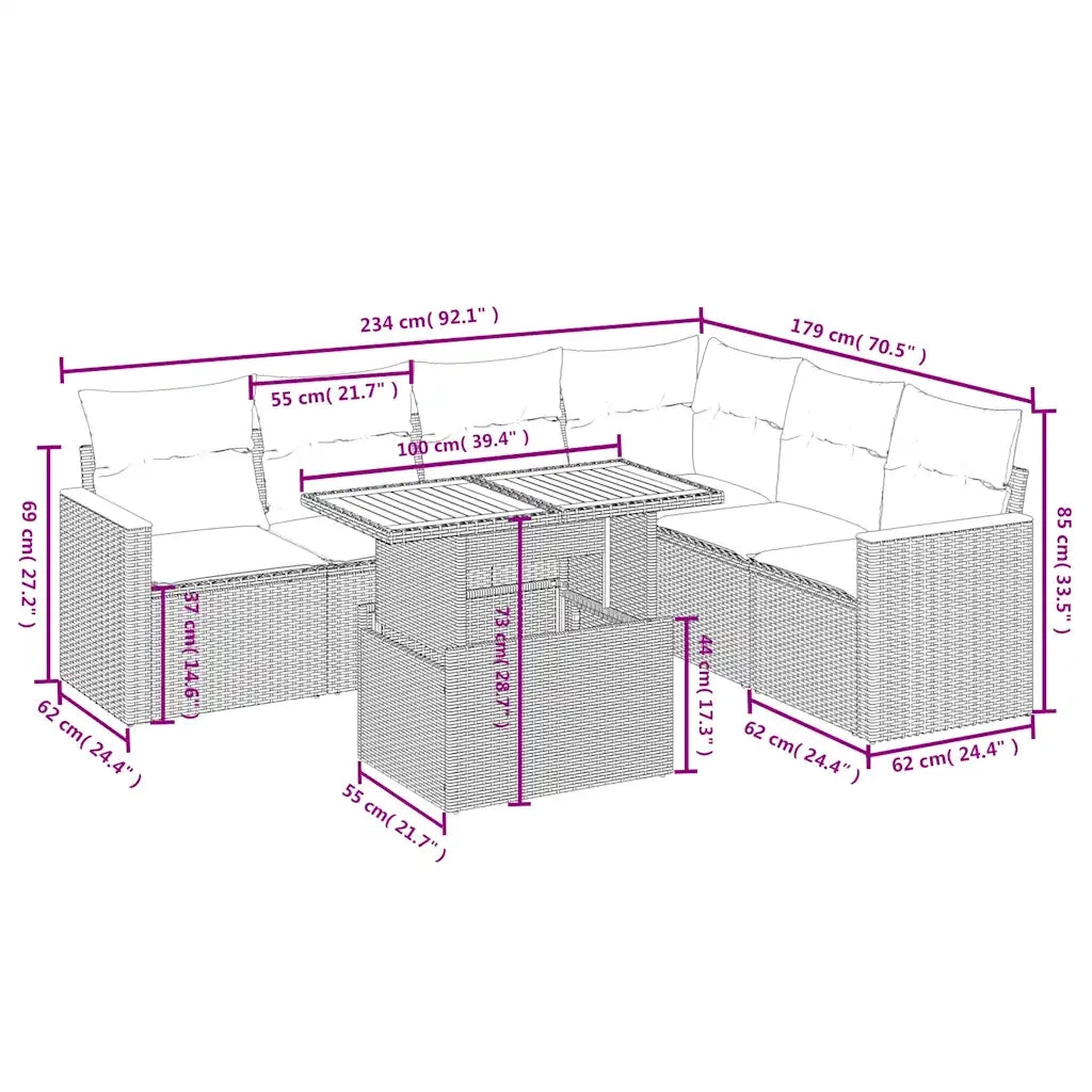 Set Divani da Giardino 7 pz con Cuscini Beige in Polyrattan 3273096
