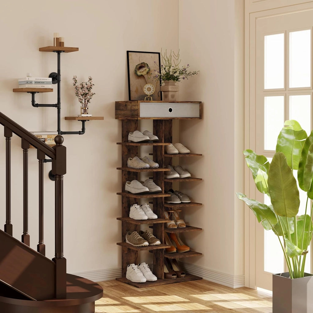 Scarpiera con cassetto, effetto legno, scarpiera con 12 ripiani, organizer per scarpe, per ingresso, corridoio, soggiorno, 49,5 x 118 x 30 cm