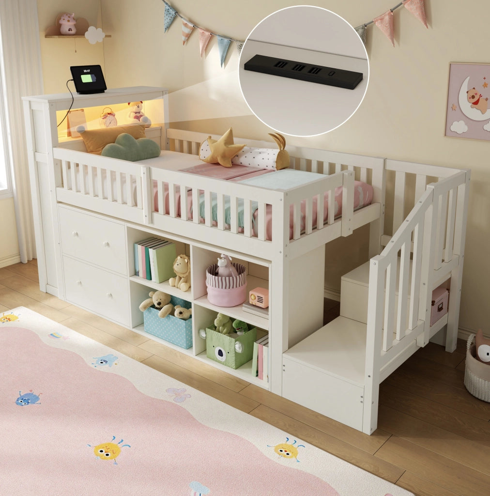 Letto a soppalco 90x200 cm con cassetti; vani portaoggetti; scala-armadio; LED; USB; bianco