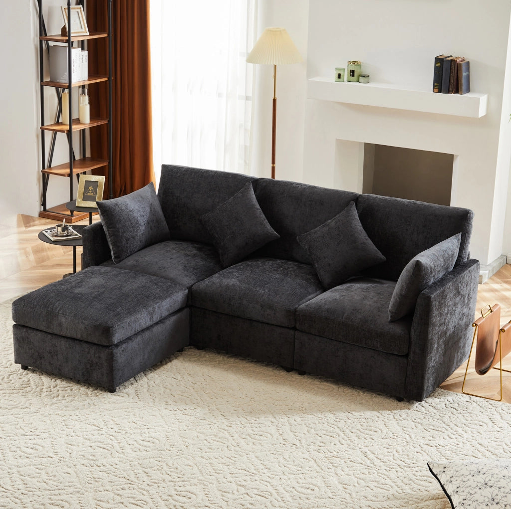 Divano angolare modulare 3 posti in ciniglia grigia con pouf mobile e 4 cuscini confortevoli