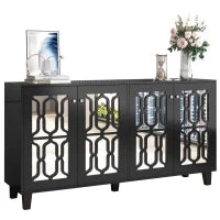 Credenza Moderna con Specchio e Maniglie di Cristallo, 4 Ante e Ripiani Mobili per Soggiorno e Cucina, 160x40x84 cm, Nero