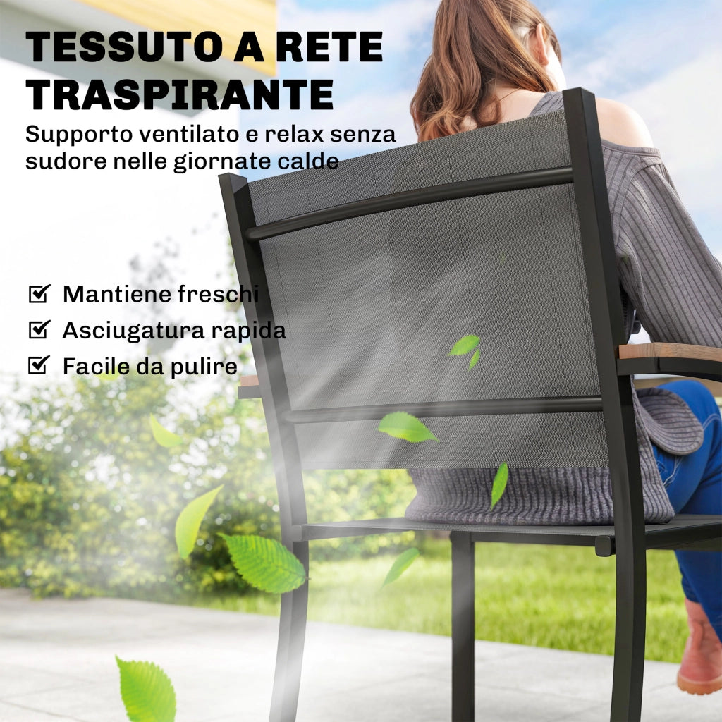 Set 2 Sedie da Giardino in Texteline e Metallo con Braccioli Effetto Legno, 56x62x89 cm, Grigio