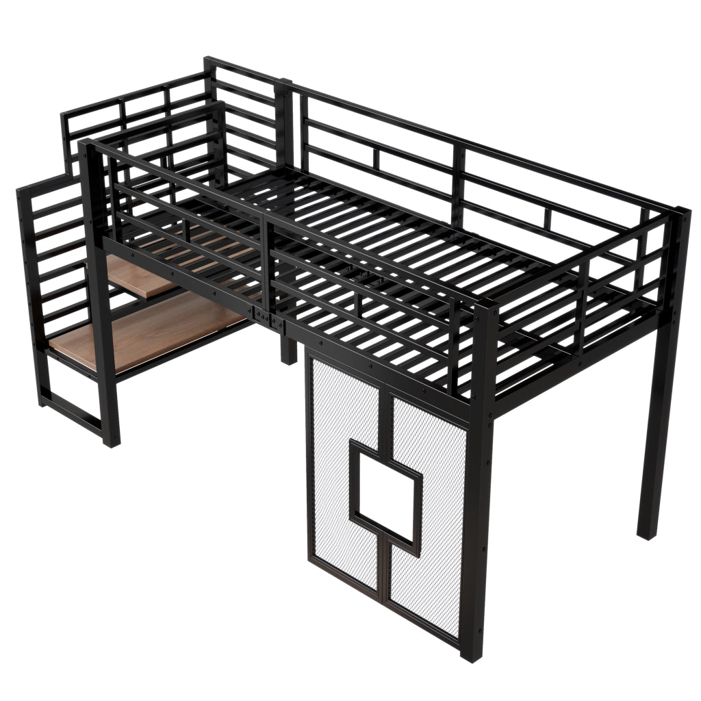 Letto alto in metallo 90x200 con scaletta illuminazione a LED contenitore ferro nero e MDF
