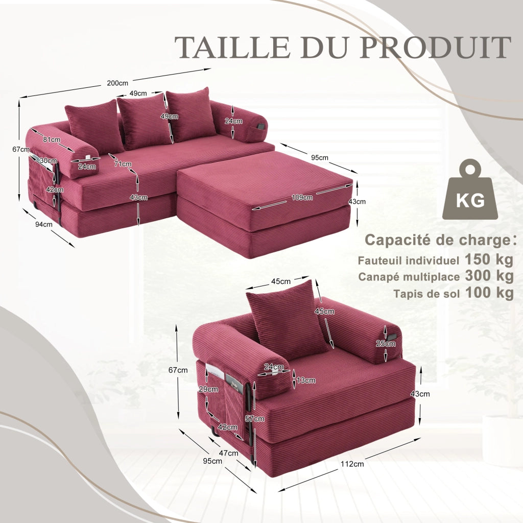 Divano modulare 3 posti - con tasca laterale e cuscini - in corduroy bordeaux
