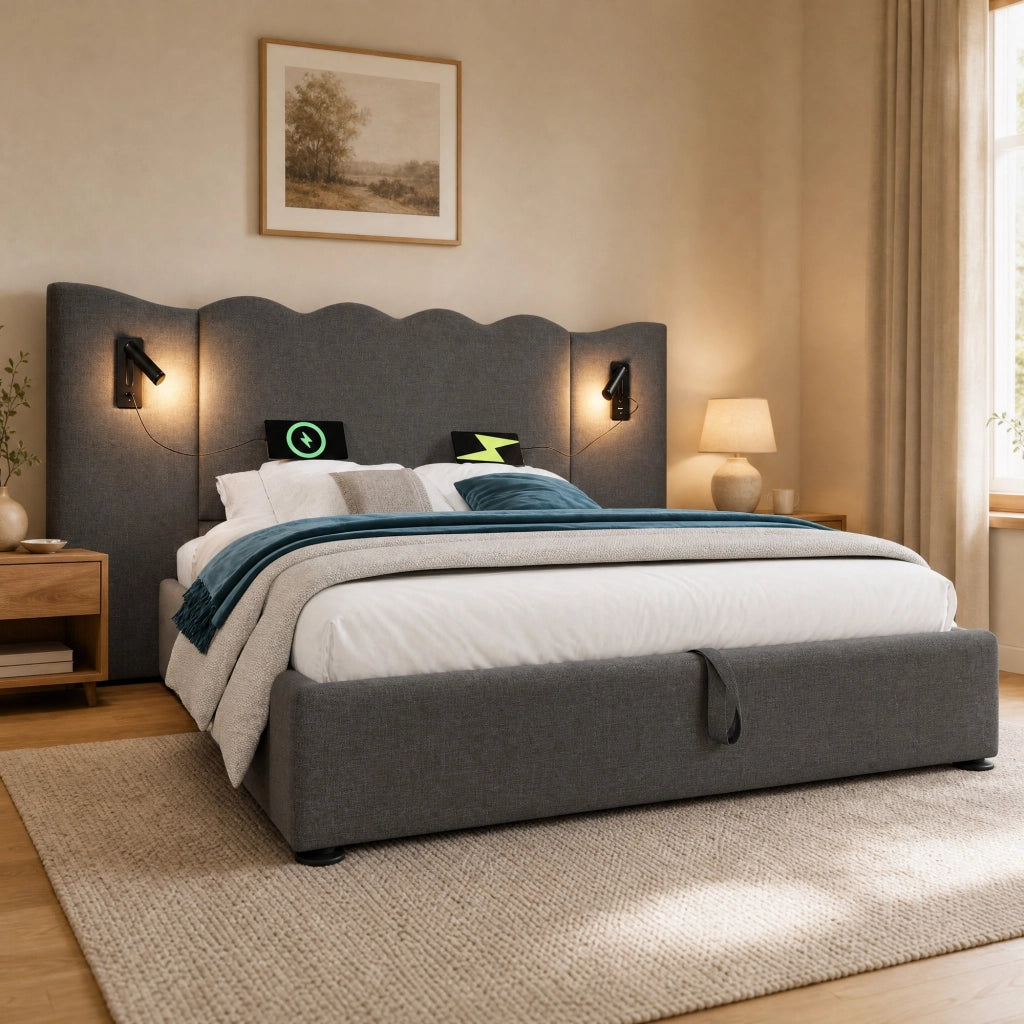 LETTO Matrimoniale 180x200 cm Grigio in lino con lampada e porta USB