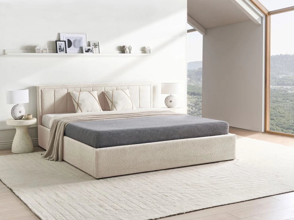 Letto Ottomano Beige Boucle 180x200 cm Struttura imbottita con Testiera