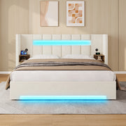 Letto 180x200 cm con contenitore; USB e LED in velluto beige