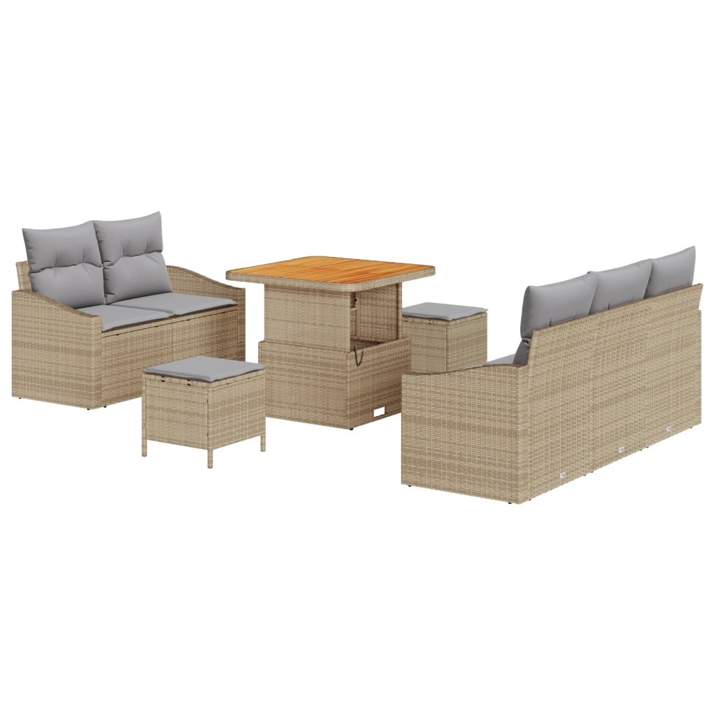 Set Divano da Giardino da 8 Pezzi con Cuscini Beige Polyrattan Acacia