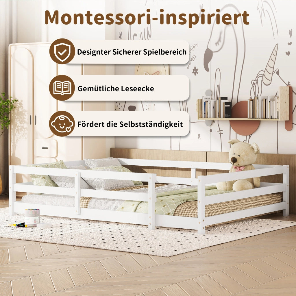 LETTO Montessori a pavimento 140x200 cm in legno di pino bianco