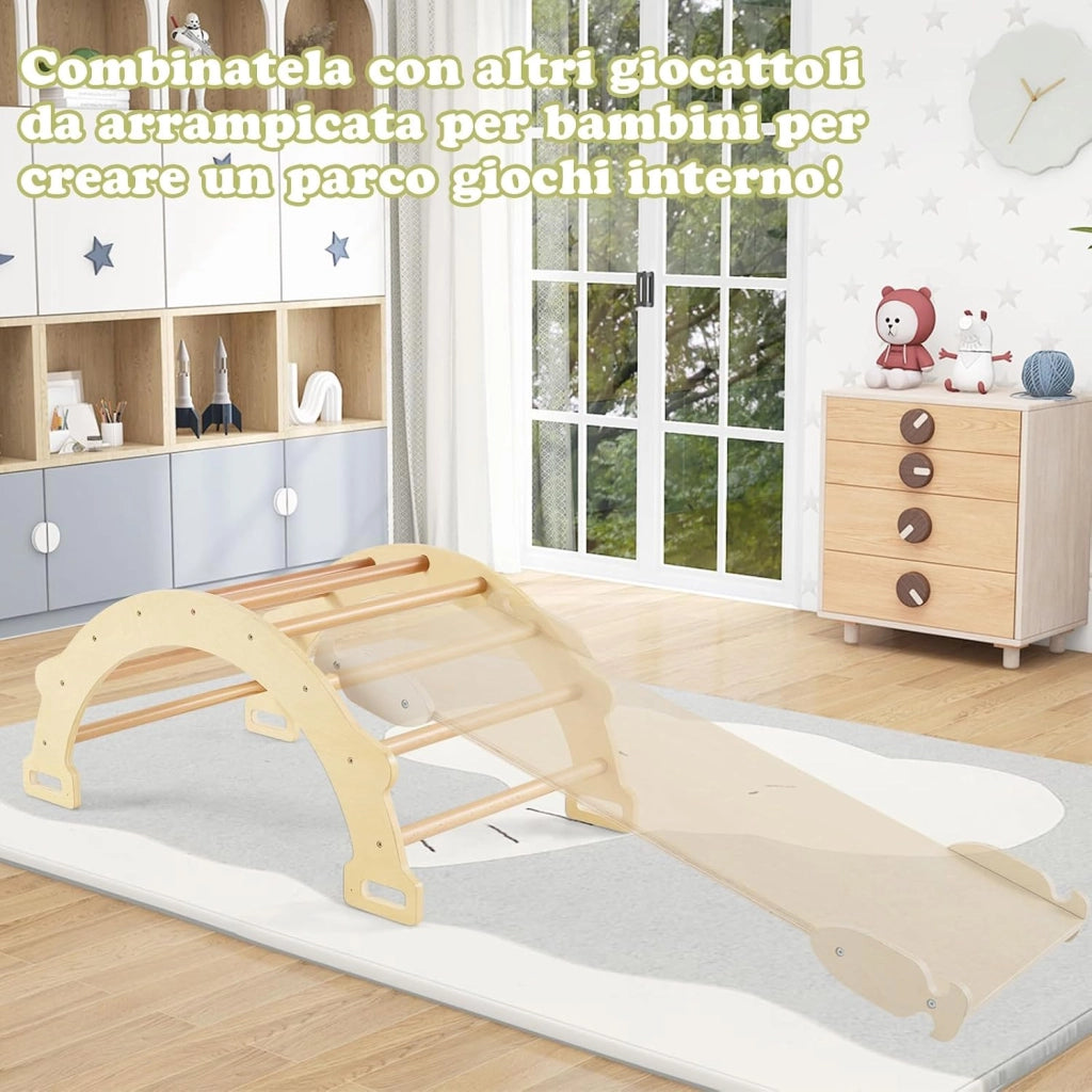 Arco da Arrampicata per Bambini, 2 in 1 Altalena ad Arco in Legno con Cuscino Morbido, Doppia Faccia, Ideale per Bambini 1+ Anni (Naturale)