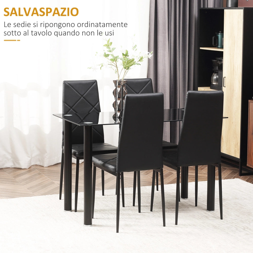 Tavolo da Pranzo con 4 Sedie Imbottite ¨C Xylo ¨C Piano in Vetro Temperato, Nero