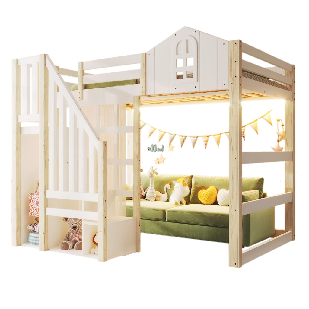 LETTO A SOPPALCO 140x200 cm con luci LED, scala contenitore, Bianco/Naturale