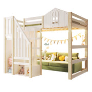 LETTO A SOPPALCO 140x200 cm con luci LED, scala contenitore, Bianco/Naturale