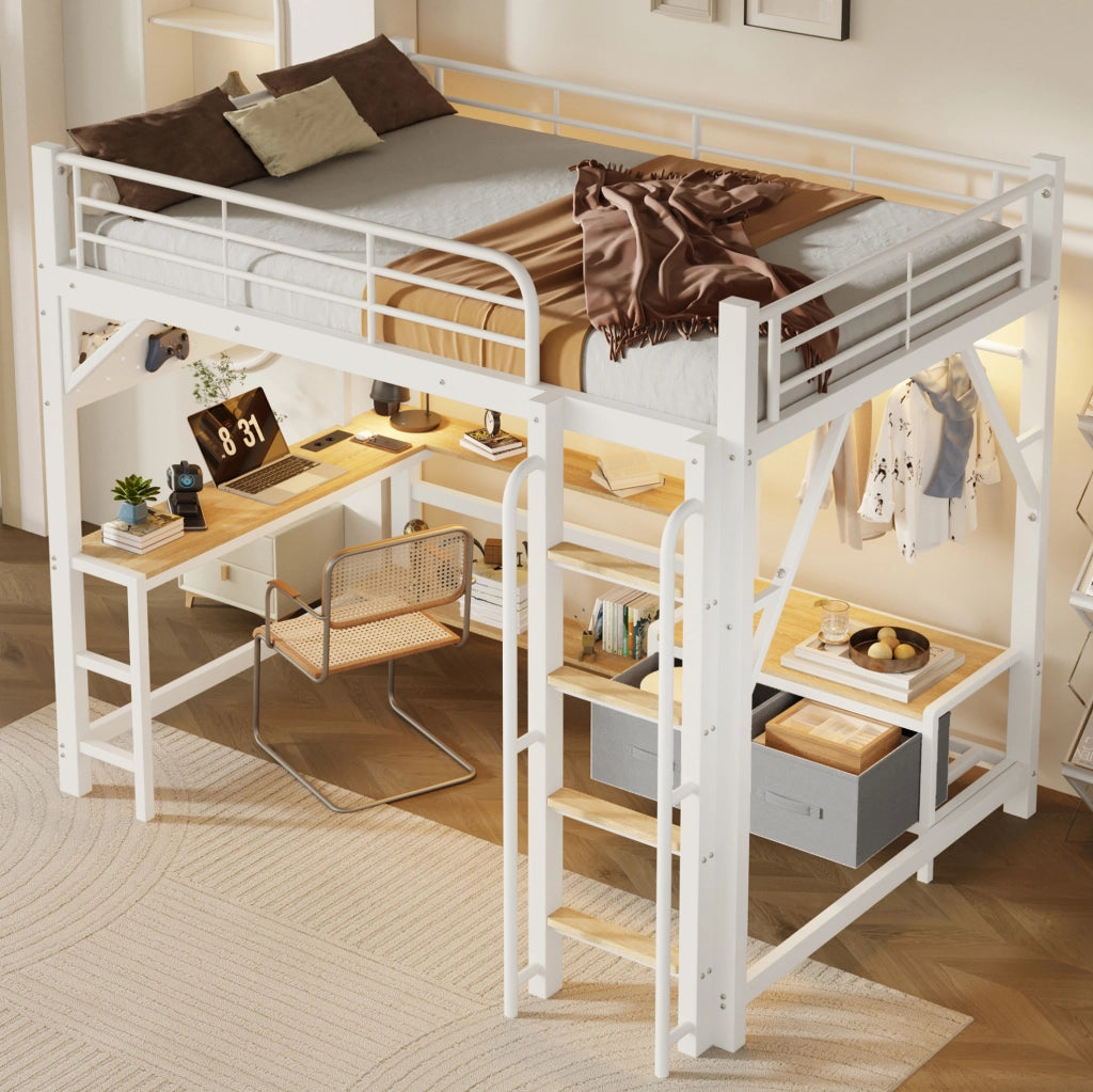 Letto a castello 140x200 cm in metallo e MDF con scrivania; LED; USB e contenitori; bianco