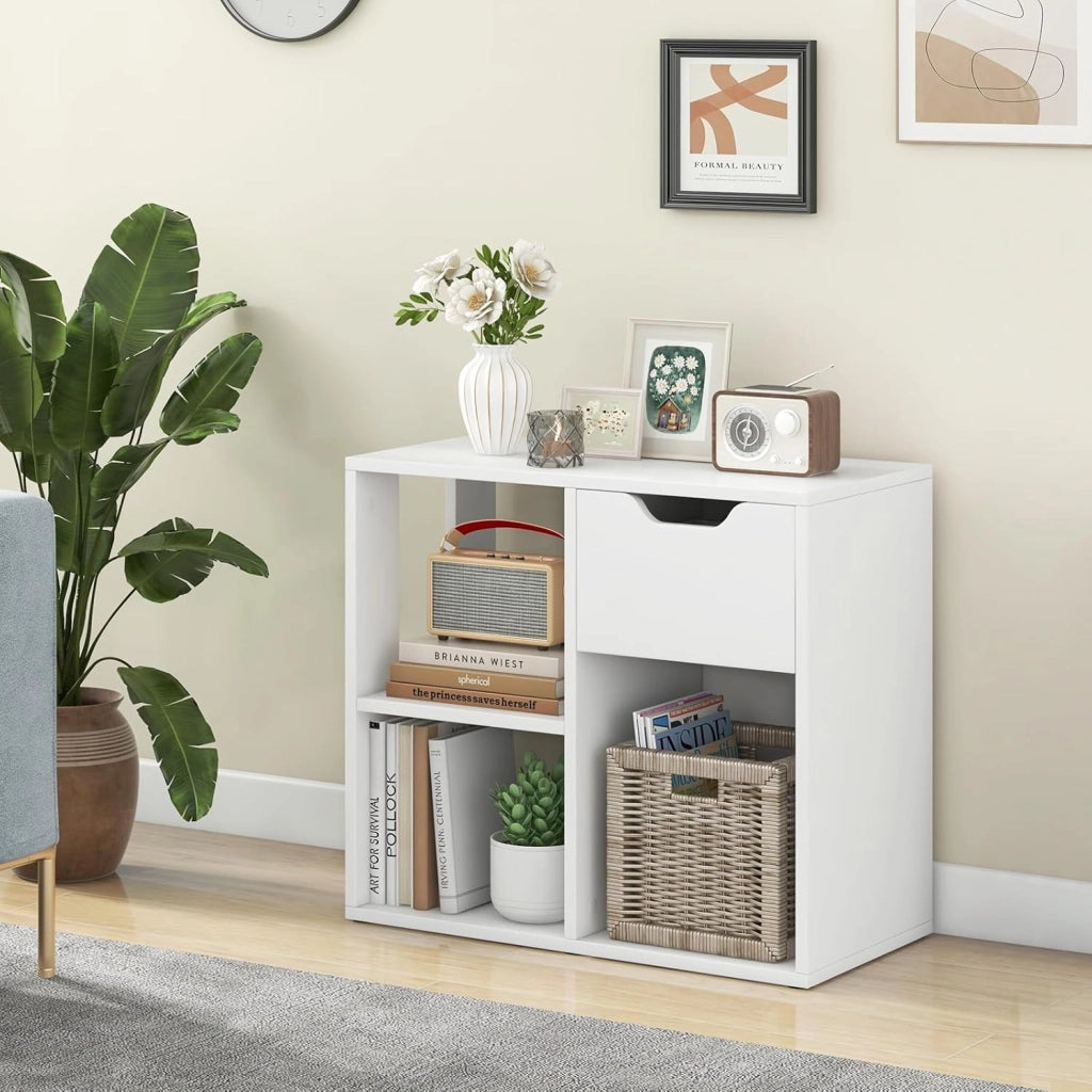 Scaffale portaoggetti con 3 cubi, 60 x 30 x 53 cm, libreria in legno indipendente, 2 livelli con 1 cassetto, mensola da esposizione per soggiorno, studio, ufficio (Bianco)
