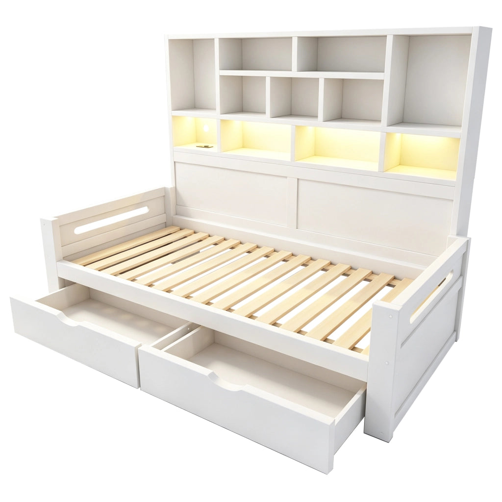 Letto singolo 90x200 cm in MDF bianco con contenitore; LED e prese elettriche