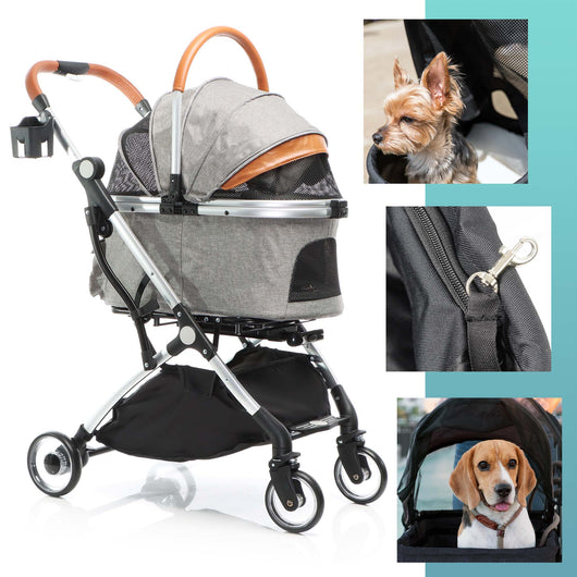 Fudajo Passeggino Pieghevole per Cani 2in1 Grigio, Carrozzina e Trasportino Rimovibile, max 20 kg per Animali Taglia Piccola e Media