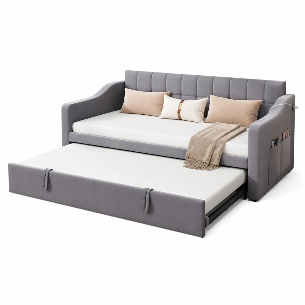 Divano letto imbottito estraibile 90x190 cm in velluto grigio con porte USB