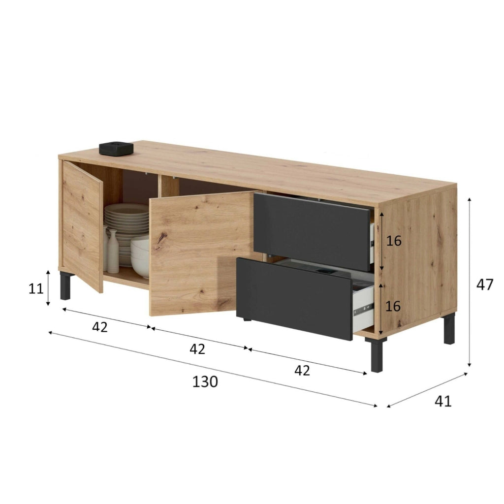 Credenza Anora, Madia moderna a 2 ante, Buffet da soggiorno, Mobile porta TV, Madia con piedini per salotto, cm 130x41h47, Rovere nodi e Antracite