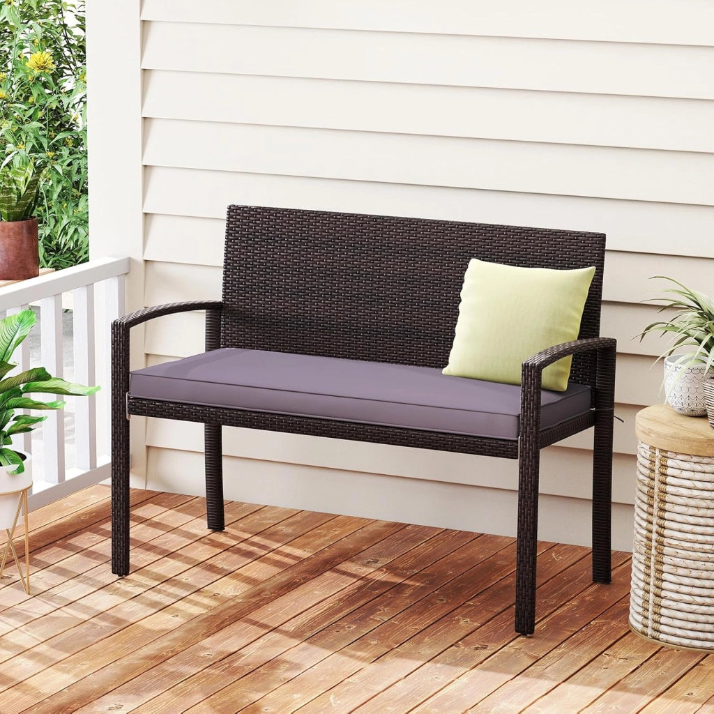 GIANTEX Panca da Giardino 2 Persone in Rattan, Panca da Esterno con Cuscino di Seduta Rimovibile, Struttura in Metallo, Carico 360 kg, Schienale e Braccioli, per Veranda, Giardino, Balcone, Terrazza