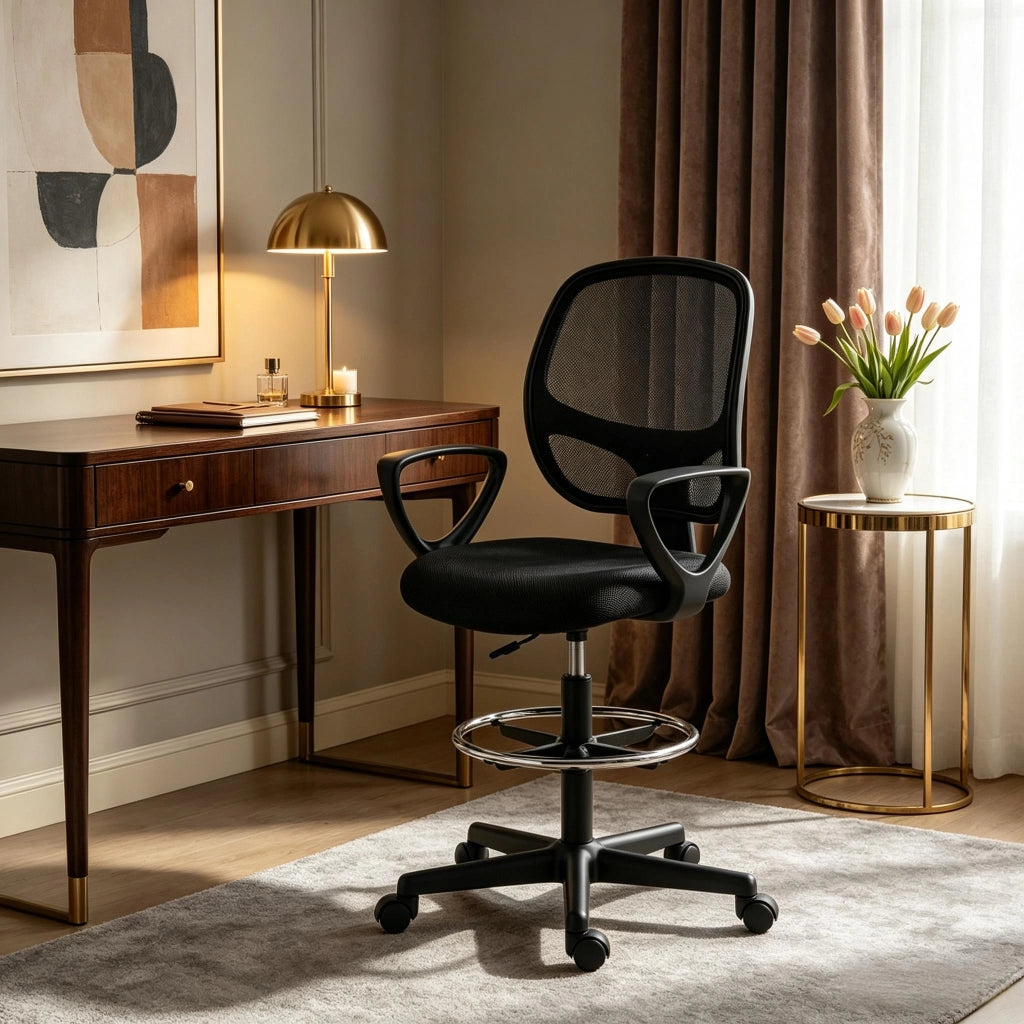 Sedia da ufficio ergonomica con poggiapiedi, schienale in rete, altezza regolabile, nera