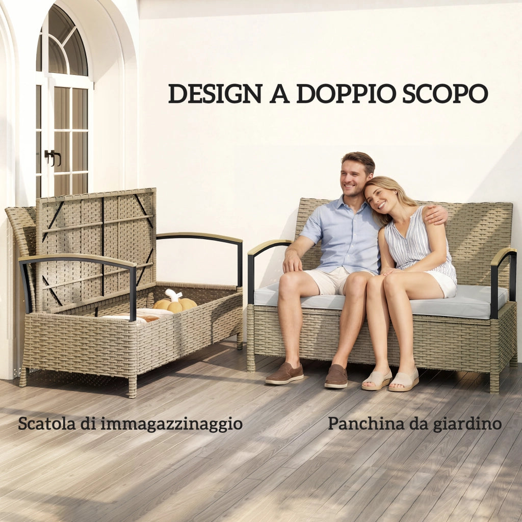 Panca Contenitore 125L con Cuscino Imbottito, in Metallo, 123x70x82 cm, Cachi