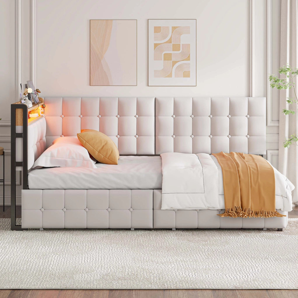 Divano letto imbottito 90x200 cm con LED, USB-C e cassetti