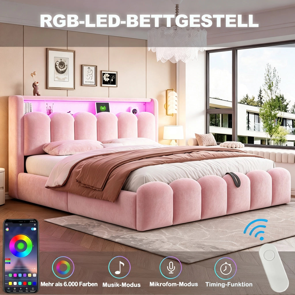 Letto imbottito con contenitore idraulico, USB-C e LED, 180x200 cm, velluto rosa