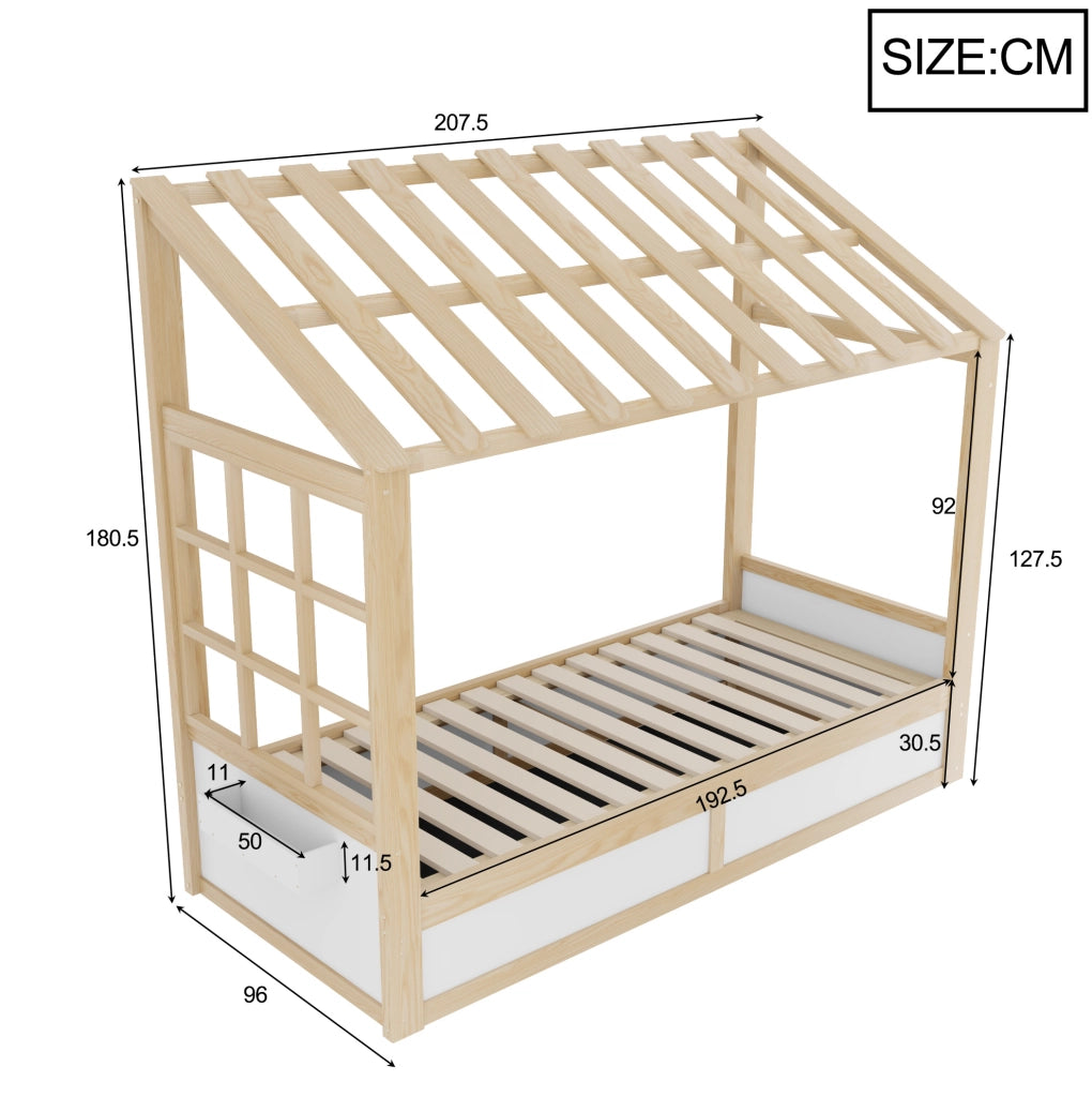 Letto per bambini a casetta 90x200 cm con contenitore idraulico e vani laterali; bianco naturale