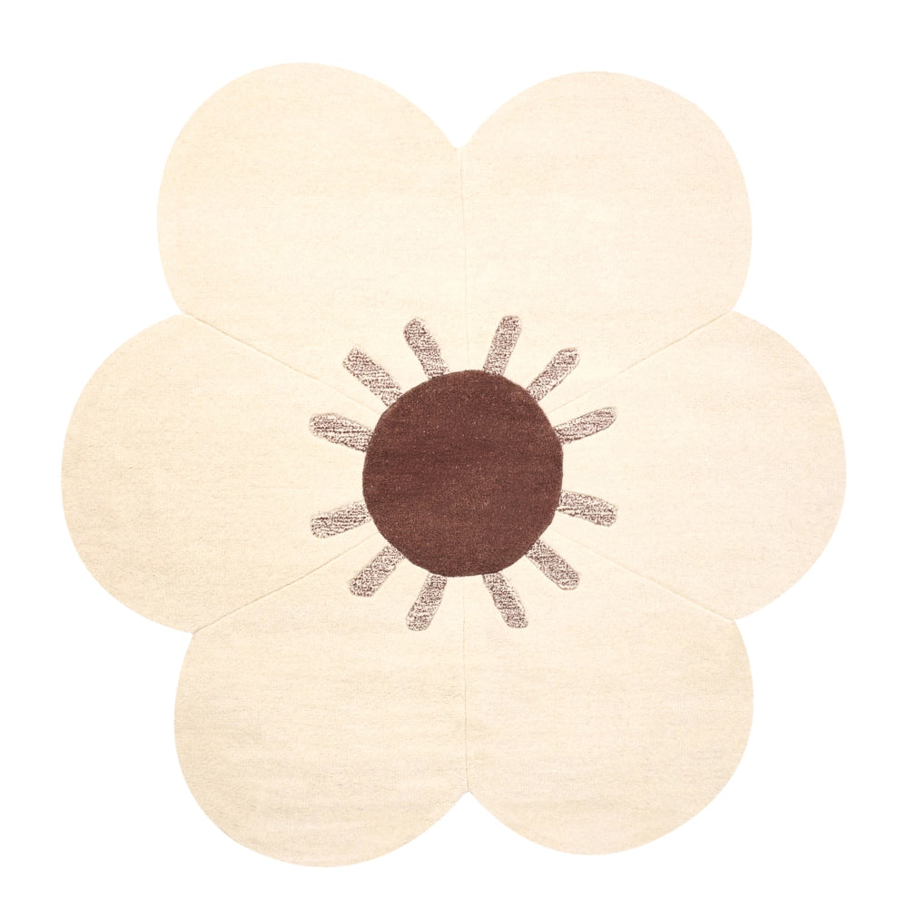 Tappeto rotondo in lana beige 140 cm tuftato a mano con motivo floreale