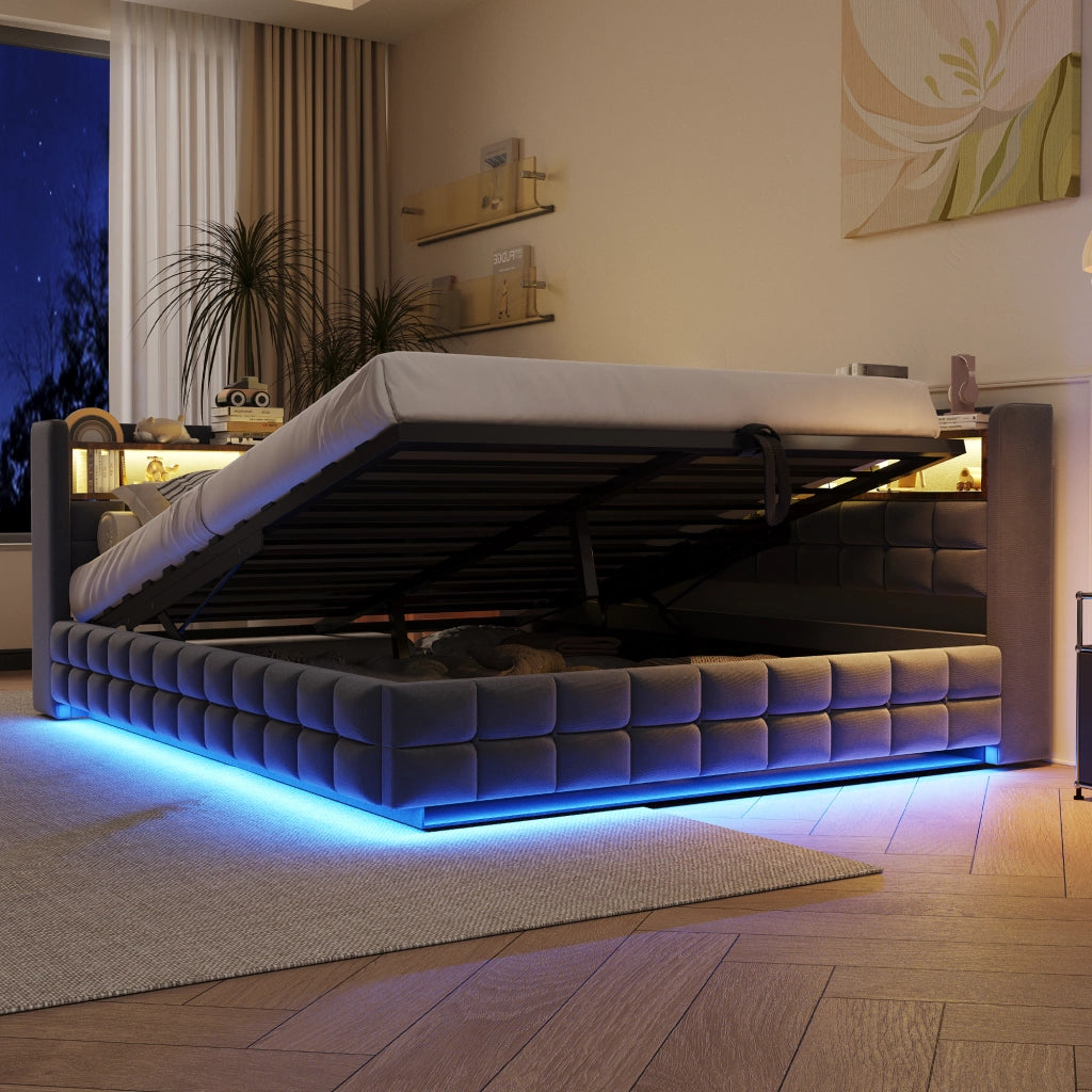 Divano letto multifunzionale in velluto grigio scuro 140x200 vano ripiano LED USB