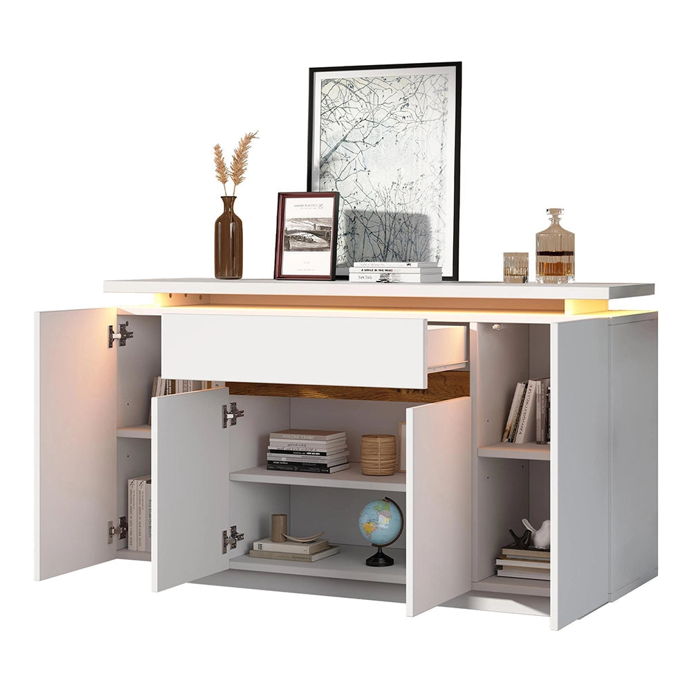 Buffet con illuminazione LED - Xylo - 140x40x80 cm - Bianco - 1 cassetto e 4 porte