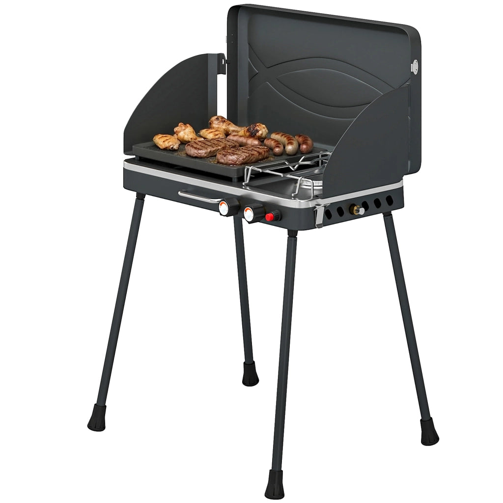Grill a gas portatile 2 bruciatori ¨C zephmum ¨C 2-in-1 tavolo con coperchio e vento