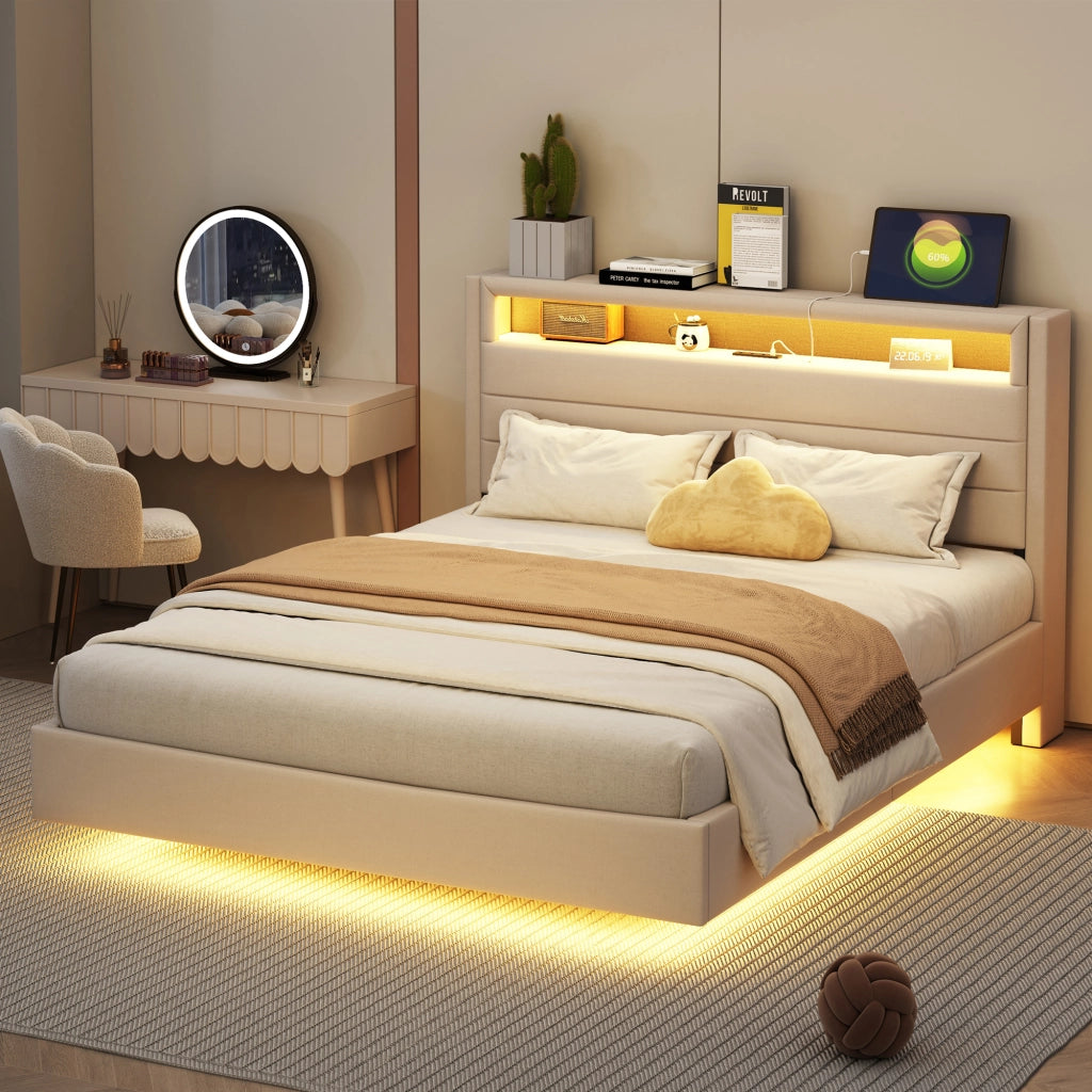 OKWISH Letto Imbottito 140×200 cm, Letto Matrimoniale con USB, LED Regolabile e Testiera Reversibile, senza Materasso, Beige