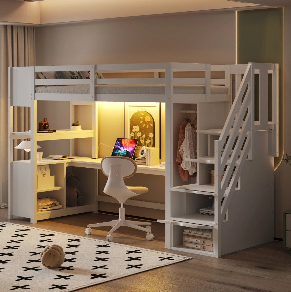 Letto a soppalco multifunzione 90x200 cm con scrivania; armadio; LED e scale contenitive; bianco