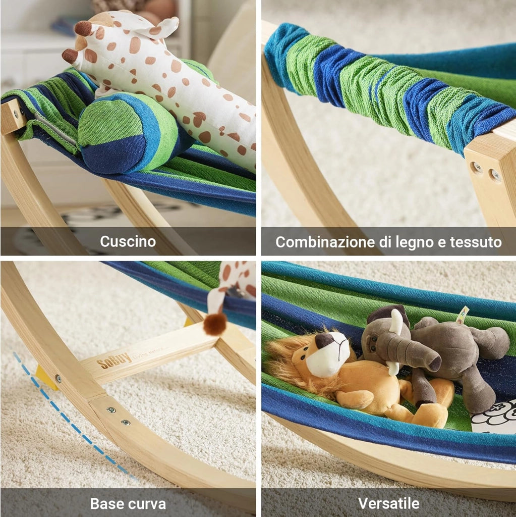 Amaca da Giardino Sdraio a Dondolo per Bambini Poltroncina per Bambini Lettino Prendisole in Legno con Dispositivi di Sicurezza per Cameretta o Giardino 122x36x48cm KMB16-J