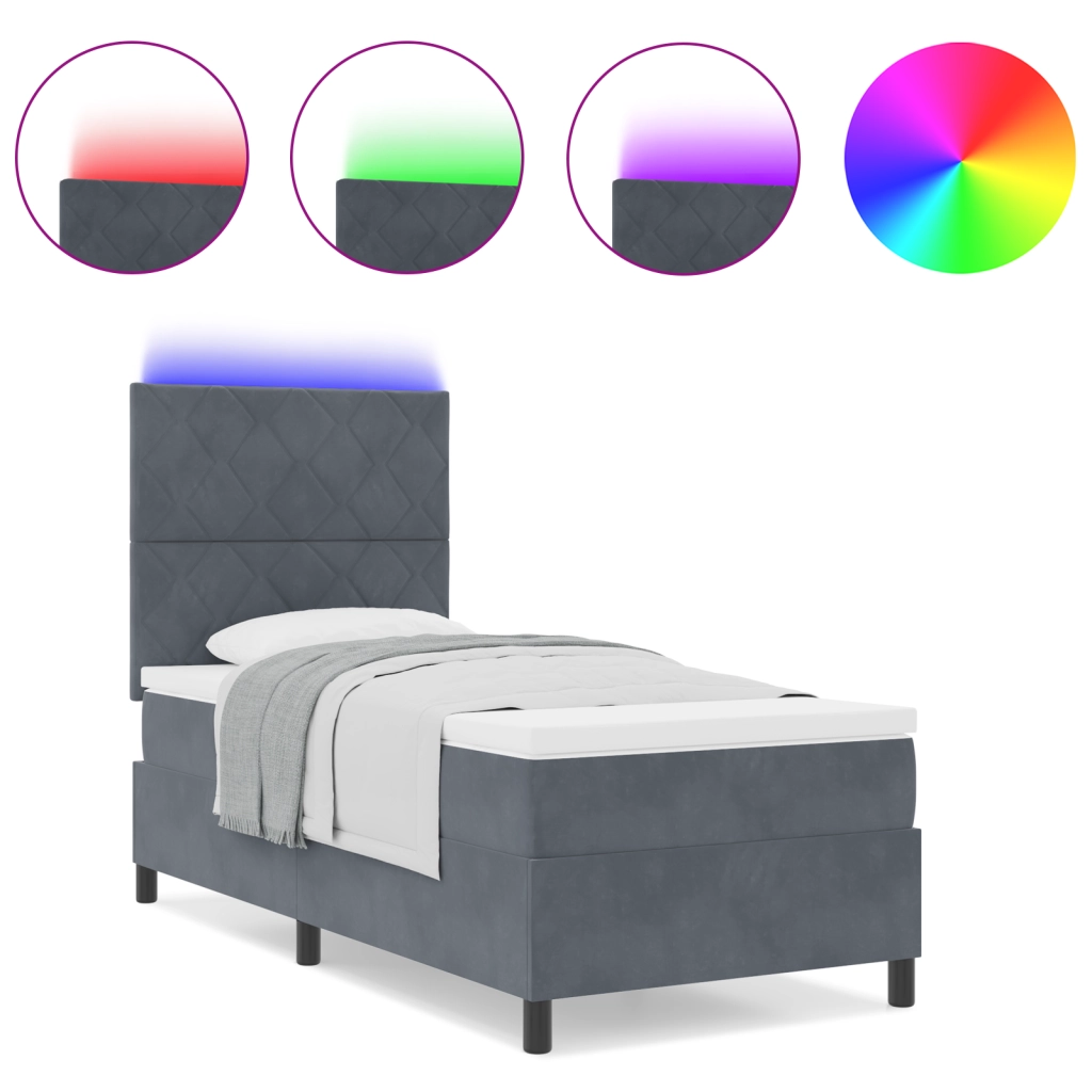 Letto con Rete a Molle e Materasso & LED Grigio Scuro 90x200 cm Velluto