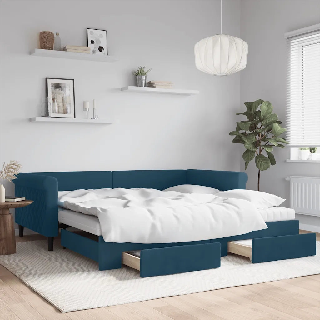 Divano Letto Estraibile con Cassetti Blu 100x200 cm in Velluto
