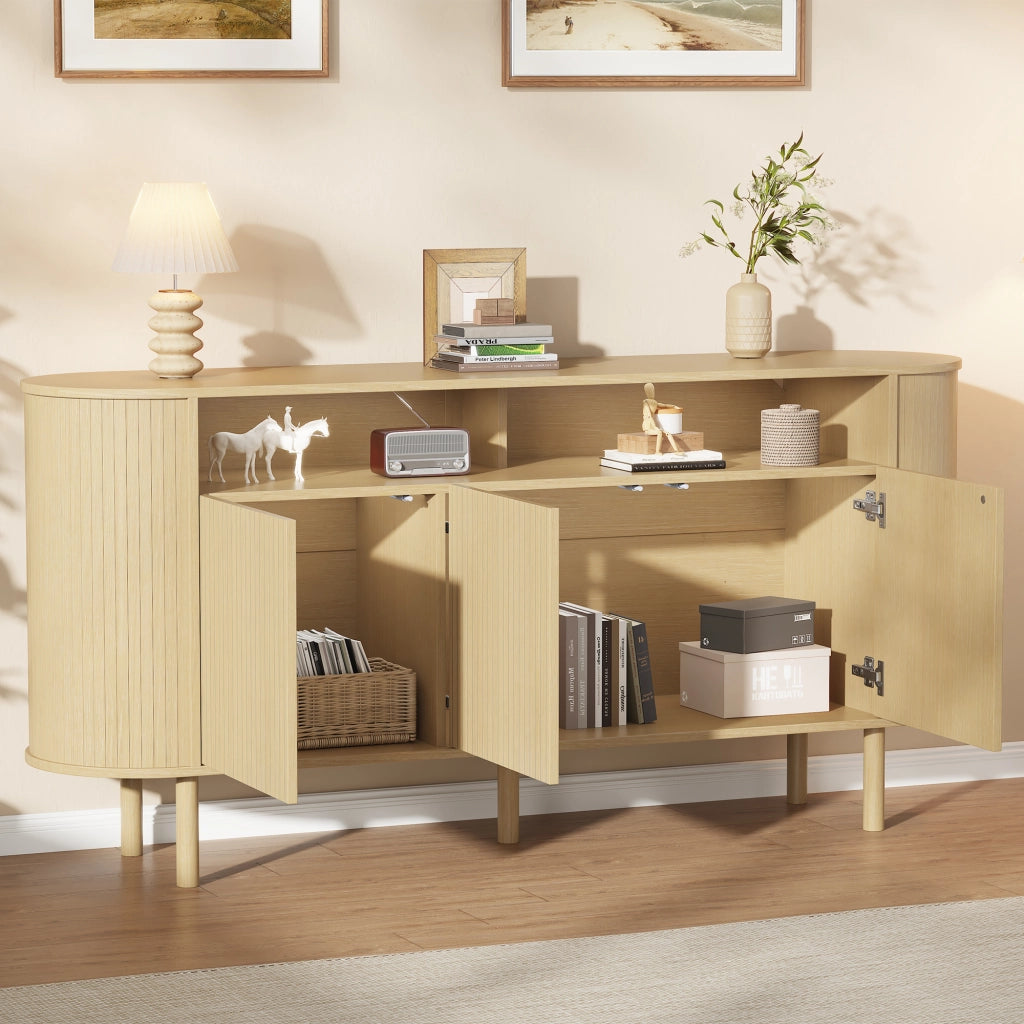 Credenza Sideboard 160 cm con 3 ante a onde, 2 vani aperti, struttura in truciolare e gambe in legno massello