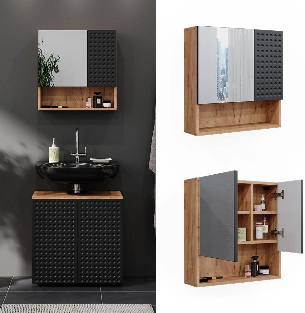 Mobile a specchio per il bagno Irma, Antracite puntinato, 54 x 55 cm, per montaggio a parete con specchio e vani a giorno