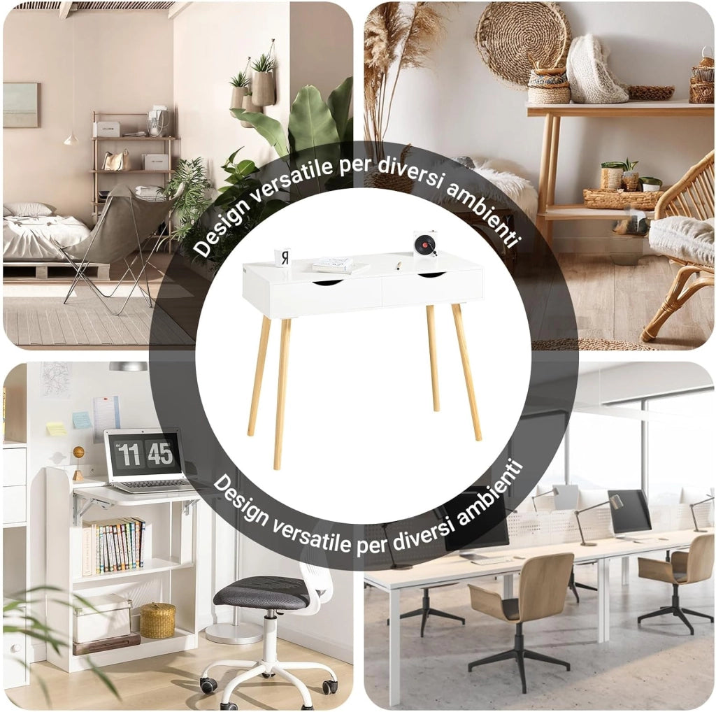 Scrivania con 2 cassetti, Gambe in Legno di Pino, Scrivania Ufficio Compatta, Tavolo da Lavoro per Studio Cameretta e Camera da Letto, L90*P45*A77cm, FWT40-WN
