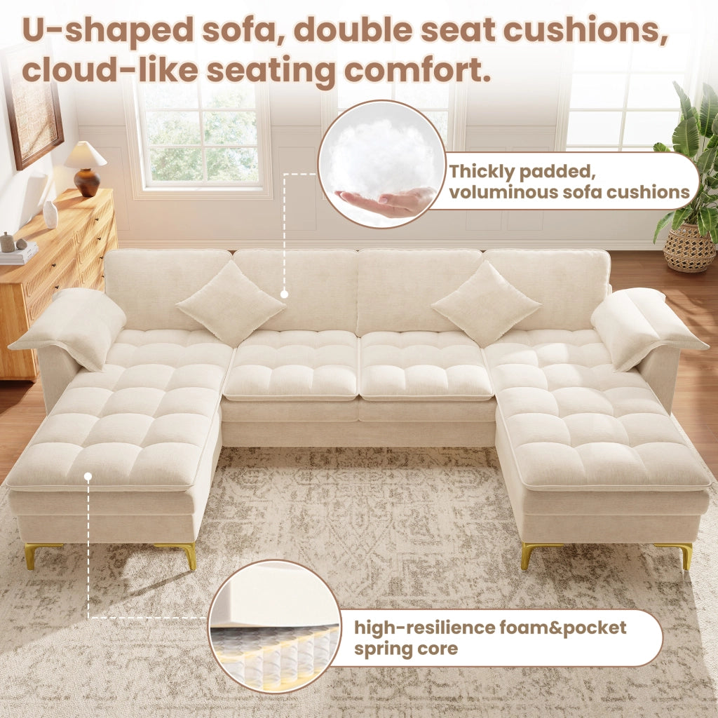 Divano panoramico a U modulare per 4-5 posti con due chaise longue e cuscini in ciniglia beige 262 × 134 × 86 cm