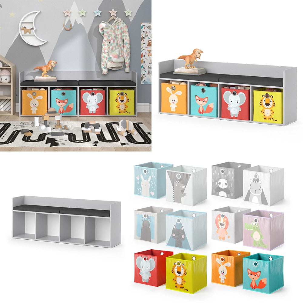 Vicco Scaffale per bambini Bianco 142.4 x 53.4 cm 4 scomparti, con cassette pieghevoli colorate