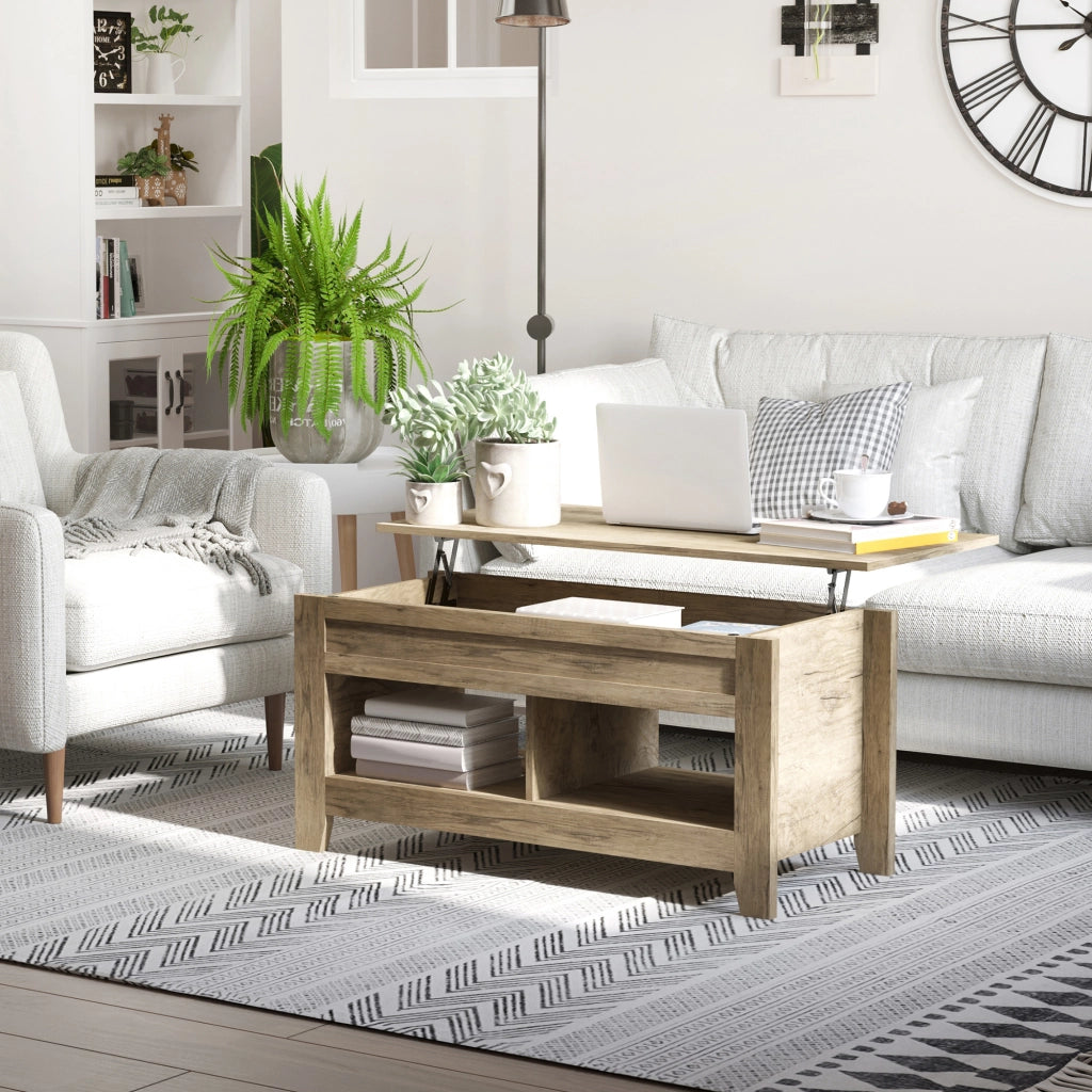 Tavolino da salotto con ripiano sollevabile e ripiani nascosti ¨C zephmum ¨C effetto quercia chiaro 105x50x49-62.5 cm