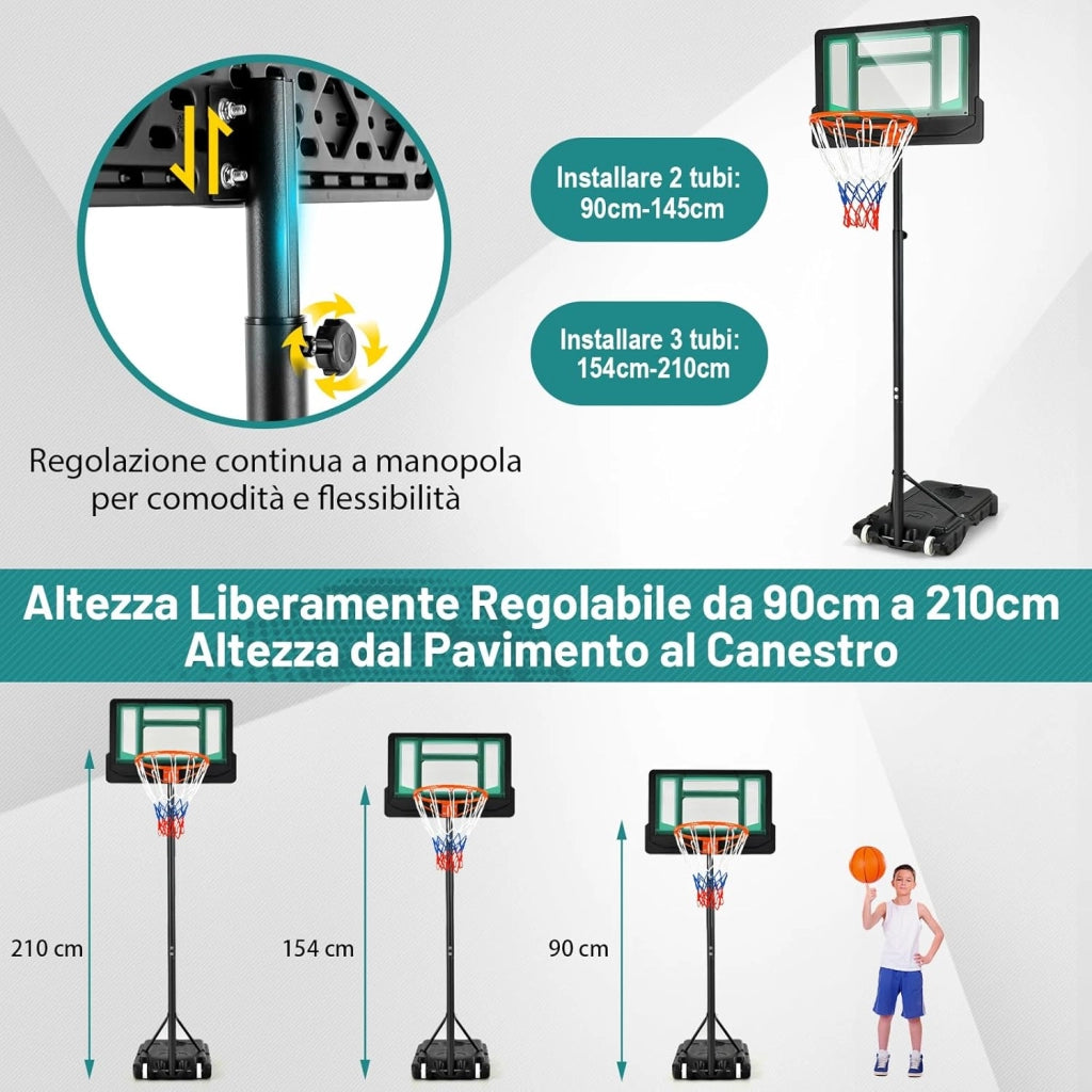 Canestro Basket da Interno ed Esterno Portatile e Regolabile in Altezza 90-210cm, Canestro da Basket per Bambini con Ruote, Incavo per Pallone e Tabellone Infrangibile