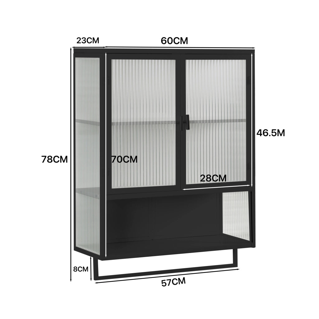 Credenza murale moderna in vetro e metallo nero con doppia anta