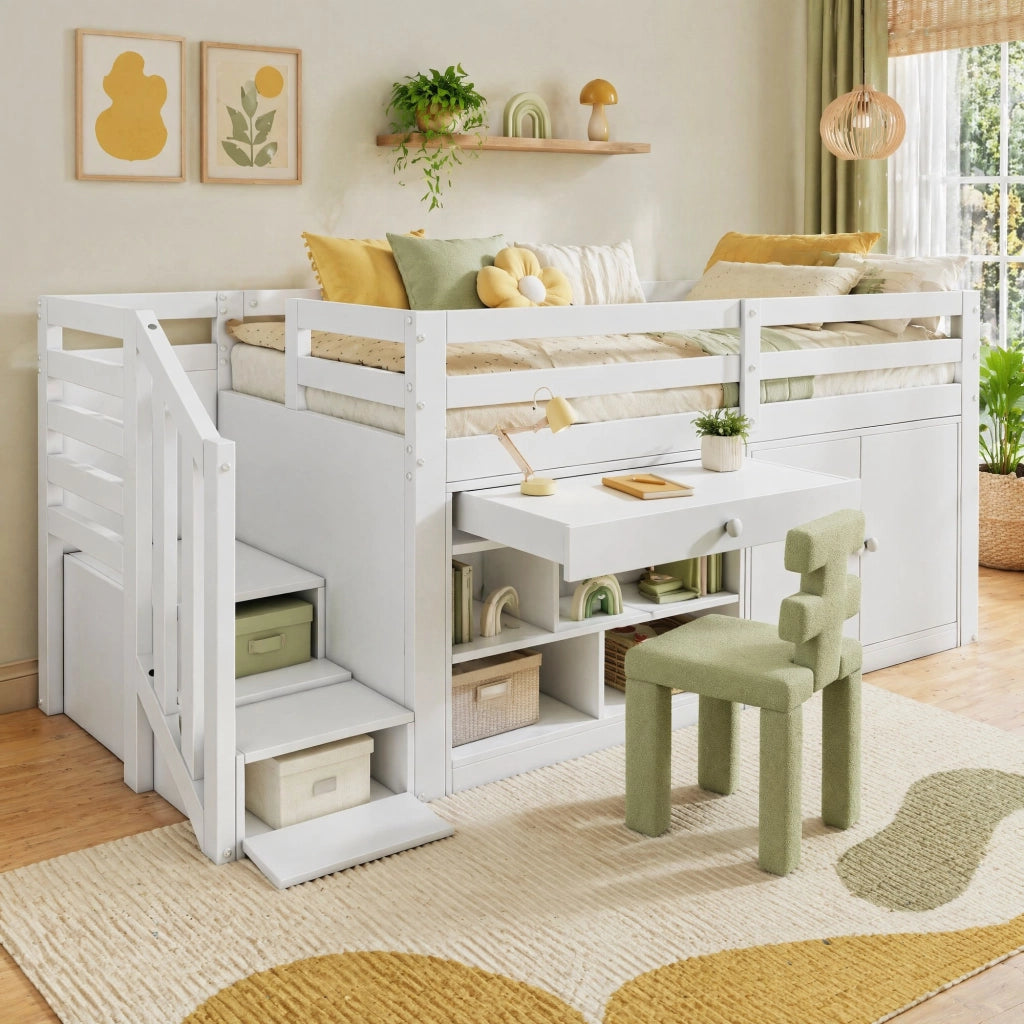 LETTO multifunzionale 90x200 cm in legno bianco con scala e contenitori