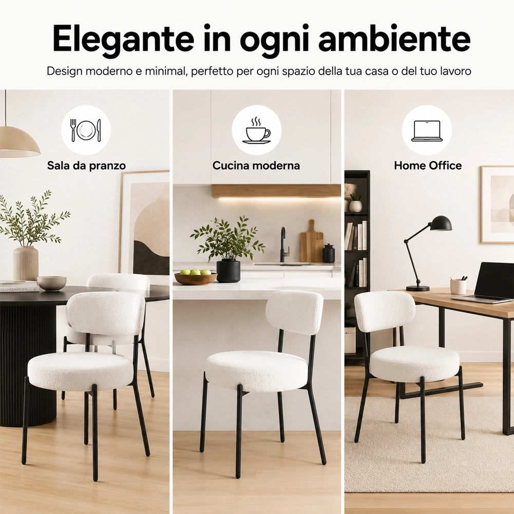 Set 4 Sedie da Pranzo con Gambe Metallo e Seduta Tessuto Teddy Imbottita Crema