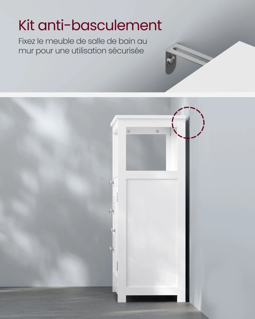 Mobiletto da bagno mobile contenitore 30 x 60 x 80 cm cassettiera armadio guardaroba con 3 cassetti e ripiani regolabili bianco 12_0006481