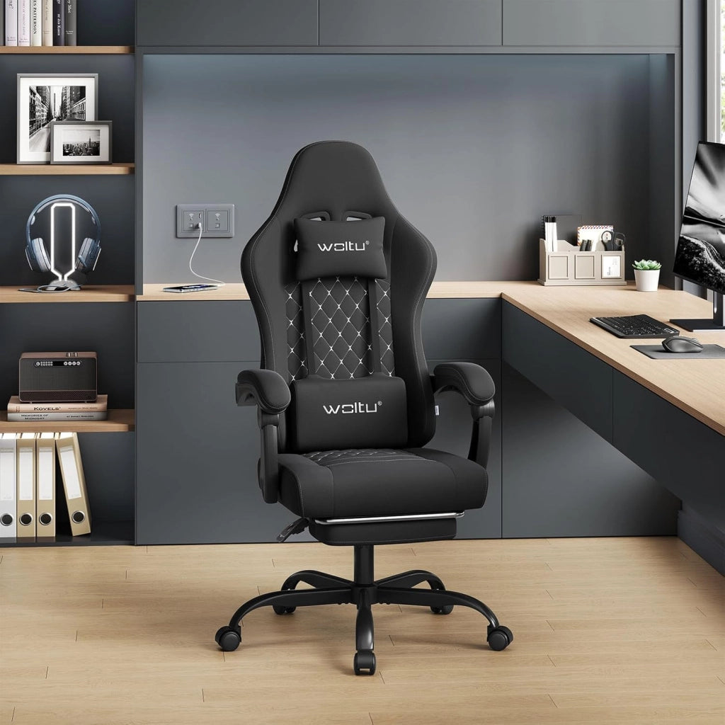 Sedia Gaming con Massaggio, Sedia da Ufficio Ergonomica Girevole Ampia Imbottita per Computer con Cuscino Lombare Massaggiante, Carico 150 Kg, Tessuto a rete, Nero+Bianco